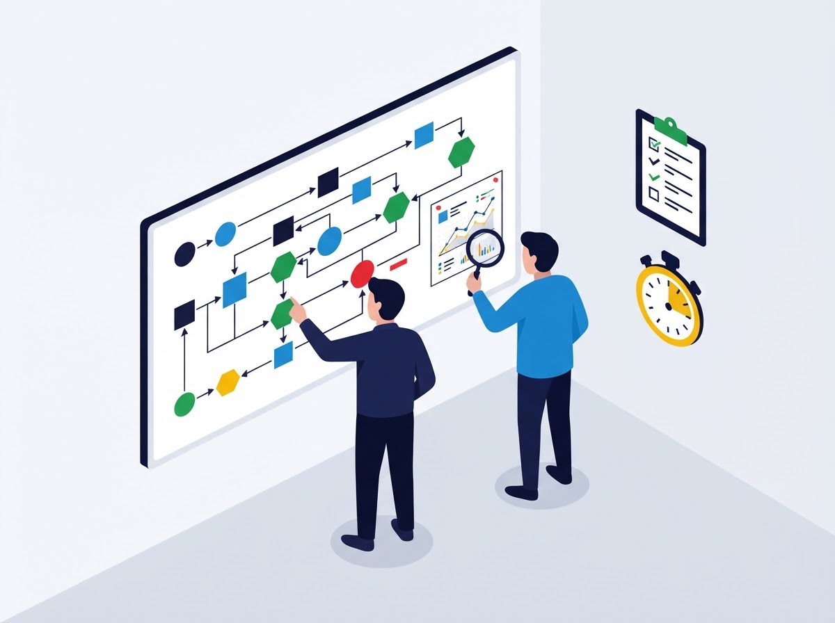 Illustration of consultants mapping a system architecture on a whiteboard