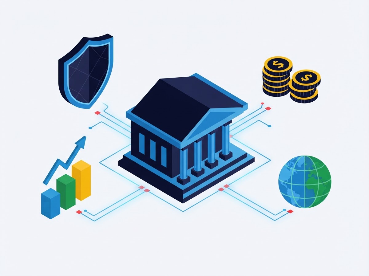 Illustration of a financial institution connected securely to markets and data