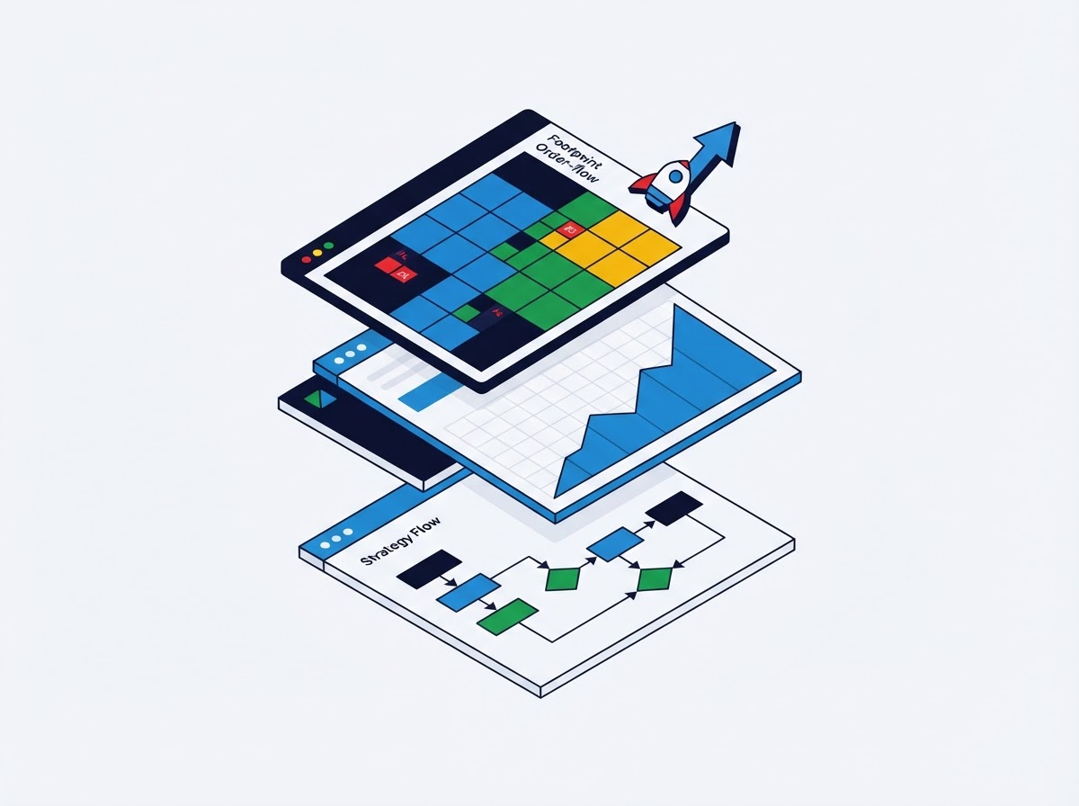 Illustration of the TradingFootprint platform with footprint charts and strategy blocks